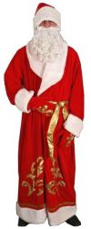 Костюм Деда Мороза профессиональный, красный, с золотыми узорами - аппликацией, оторочен белым искусственным мехом. В комплекте пояс, рукавицы, шапка, борода, Лапландия, Новогодние взрослые костюмы, костюм Деда Мороза купить дешево